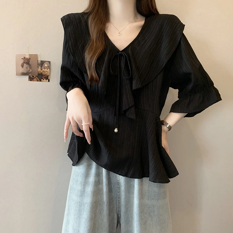 设计感遮肚子V领荷叶边正肩短袖衬衫女夏季大码胖mm宽松雪纺上衣