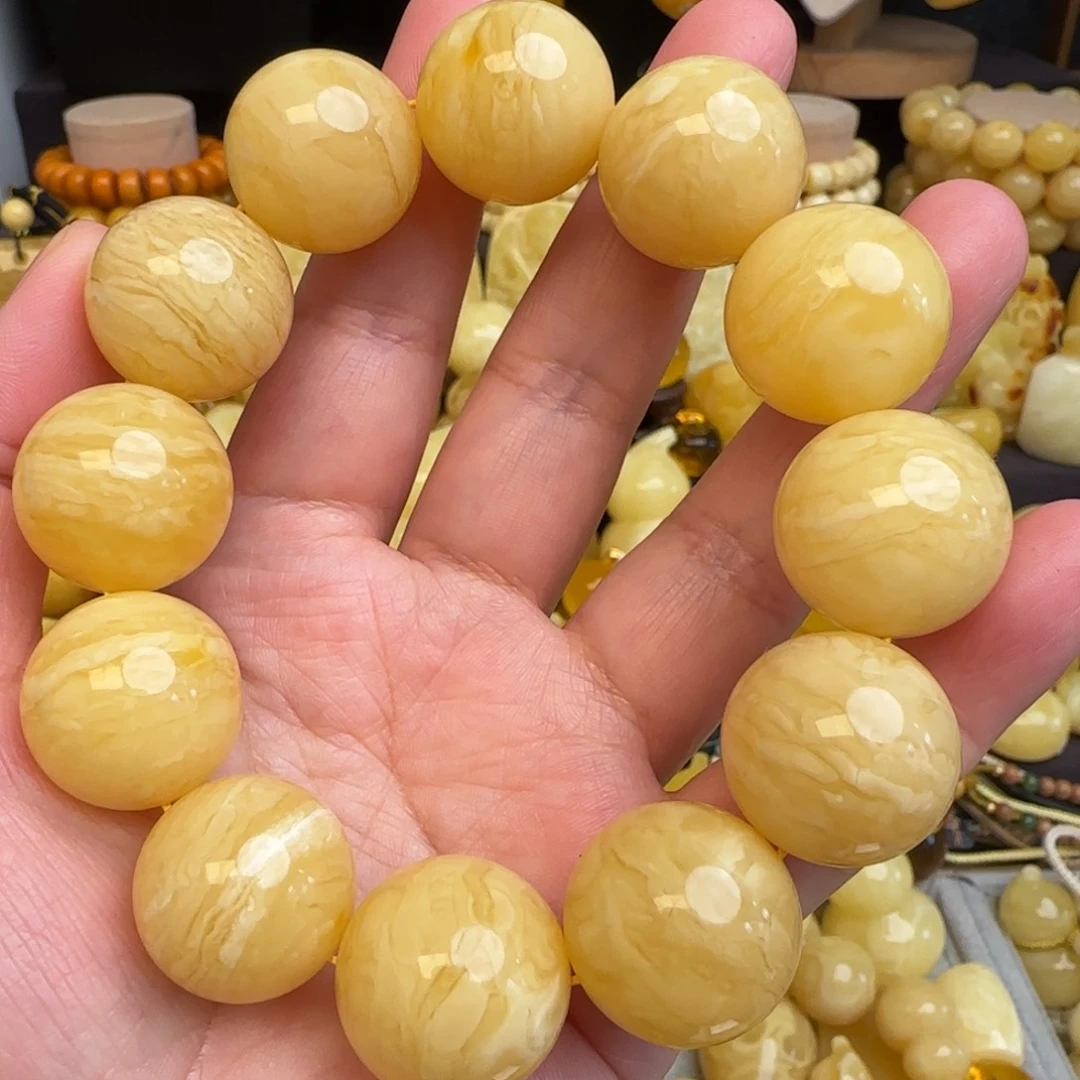 琥珀未镶嵌手串天然俄料千层雪虎皮妖花蜜蜡圆珠手串