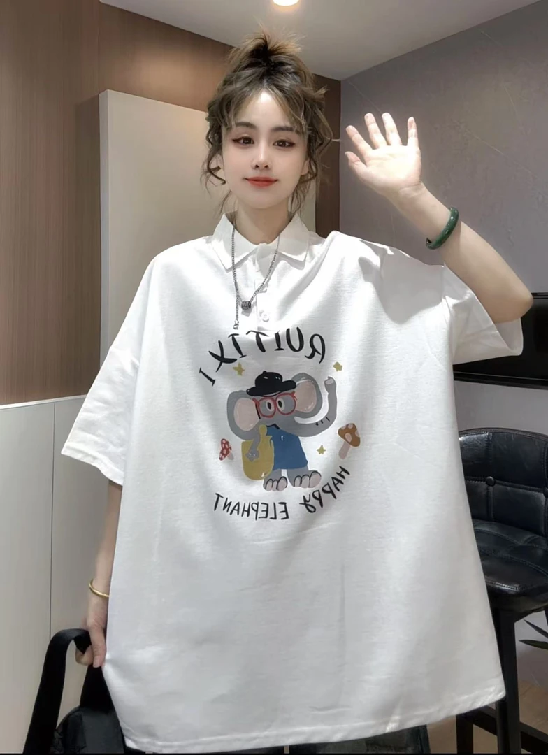 柚柚酱新款欧货休闲宽松卡通字母印花百搭POLO衫