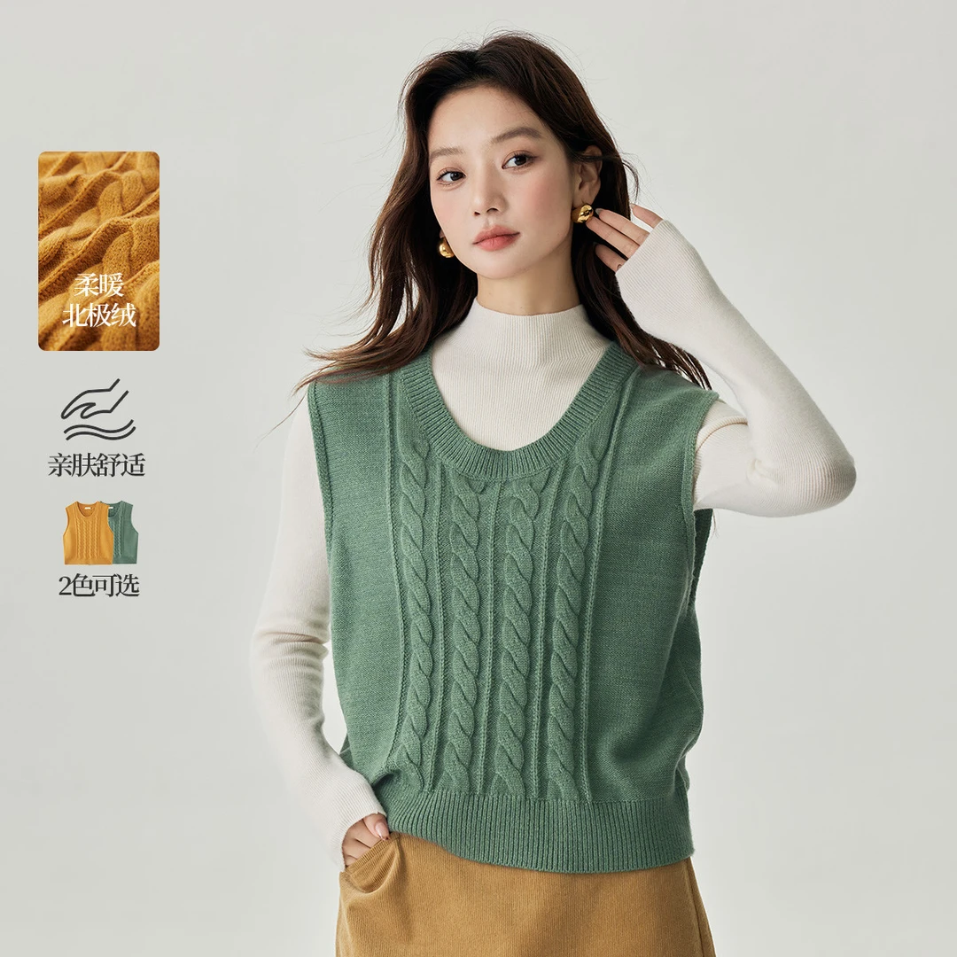 【直播间专属】茵曼冬季复古麻花针织马甲U领休闲百搭叠穿保暖毛衣