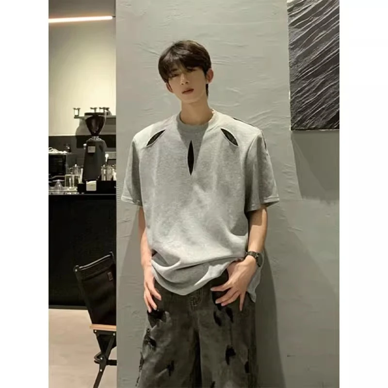 挖空树叶正肩t恤男款夏季300g高克重正肩短袖高级感痞帅半袖体恤