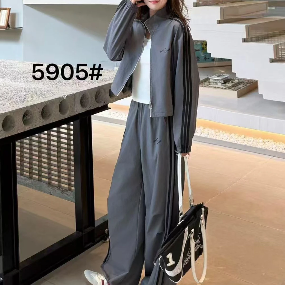 5905#三件套休闲时尚立领条纹外套搭配背心和阔腿裤秋季女款