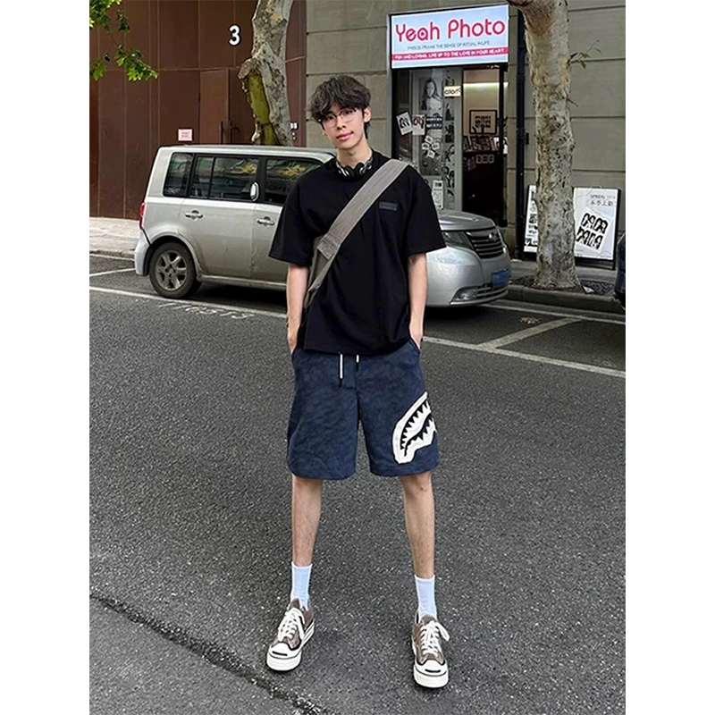 藏青色鲨鱼嘴贴布短裤男款夏季潮牌美式复古五分裤重磅休闲运动裤