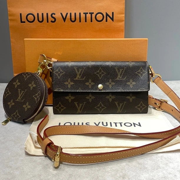 95新 LouisVuitton/路易威登 老花长款金豆钱包送链条长19*高10