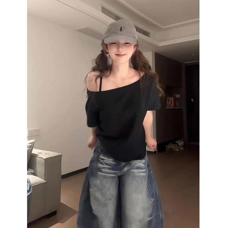 韩系松弛感纯色斜肩短袖t恤女夏季纯欲风一字肩宽松显瘦半袖上衣