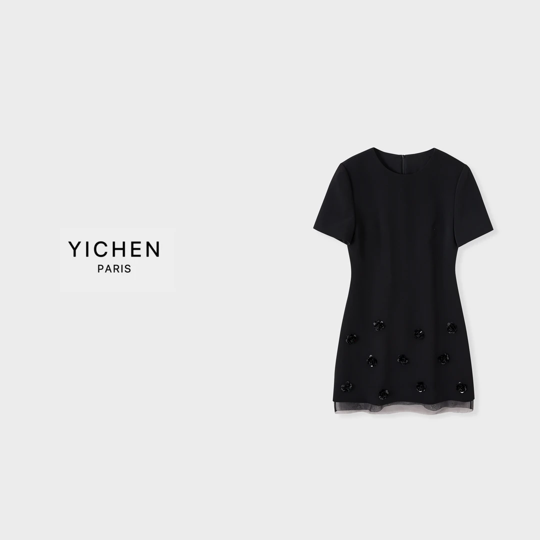 YC 手工立体花朵圆领立裁收腰小黑裙-1593