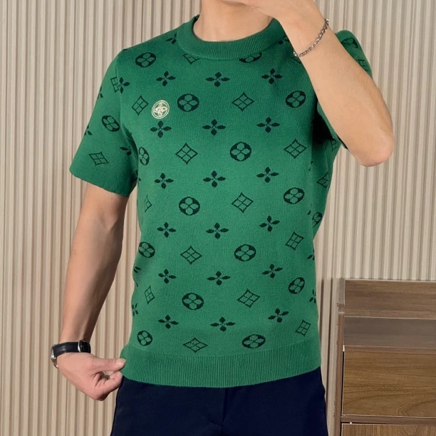 2025新款男士提花毛衣针织衫韩版打底衫圆领印花时尚春夏百搭衫