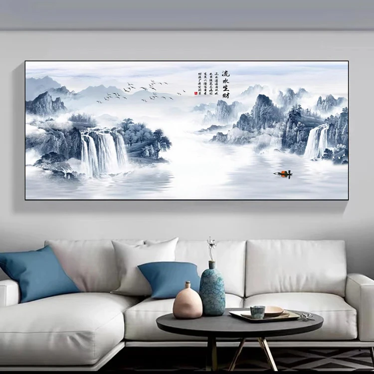 流水生财客厅家和万事兴装饰沙发背景墙山水风景大气墙壁挂画装饰