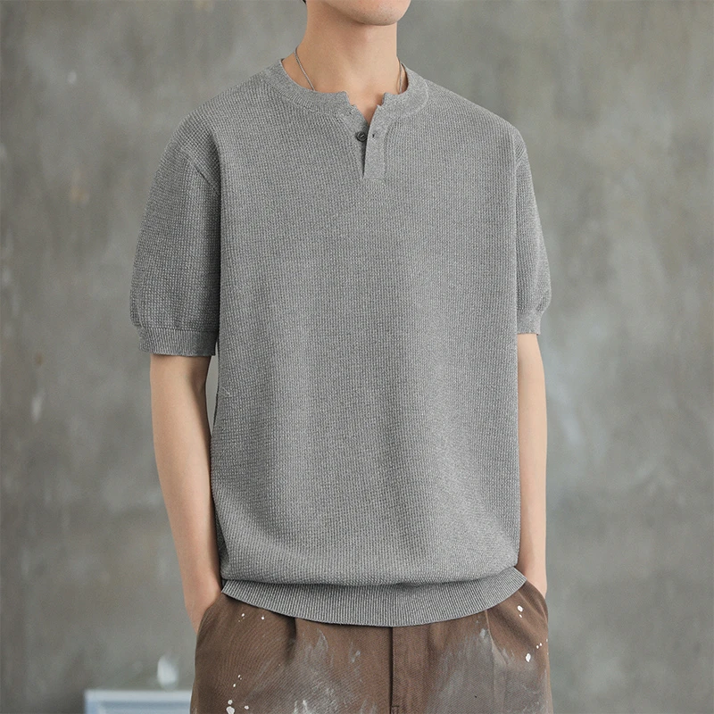 夏季针织短袖t恤男士2025新款圆领半袖纯色亨利领帅气体恤衫品质