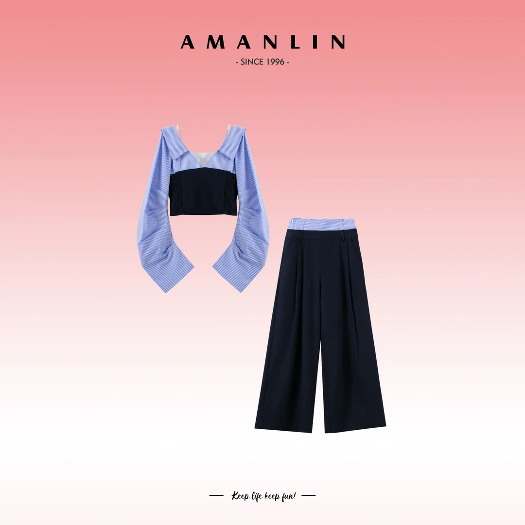 AMANLIN/阿謾琳气质高级感欧若风显瘦时尚套装条纹三件套Y595710