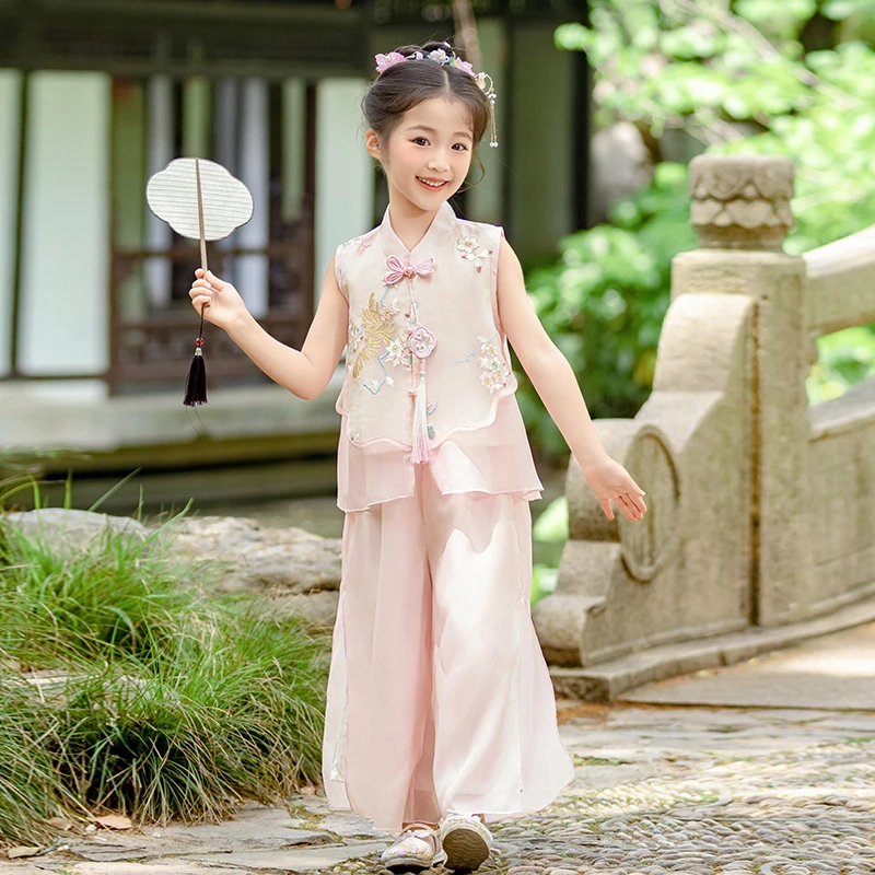 女童汉服裤子套装夏季2025新款儿童国风唐装女孩新中式夏装两件套