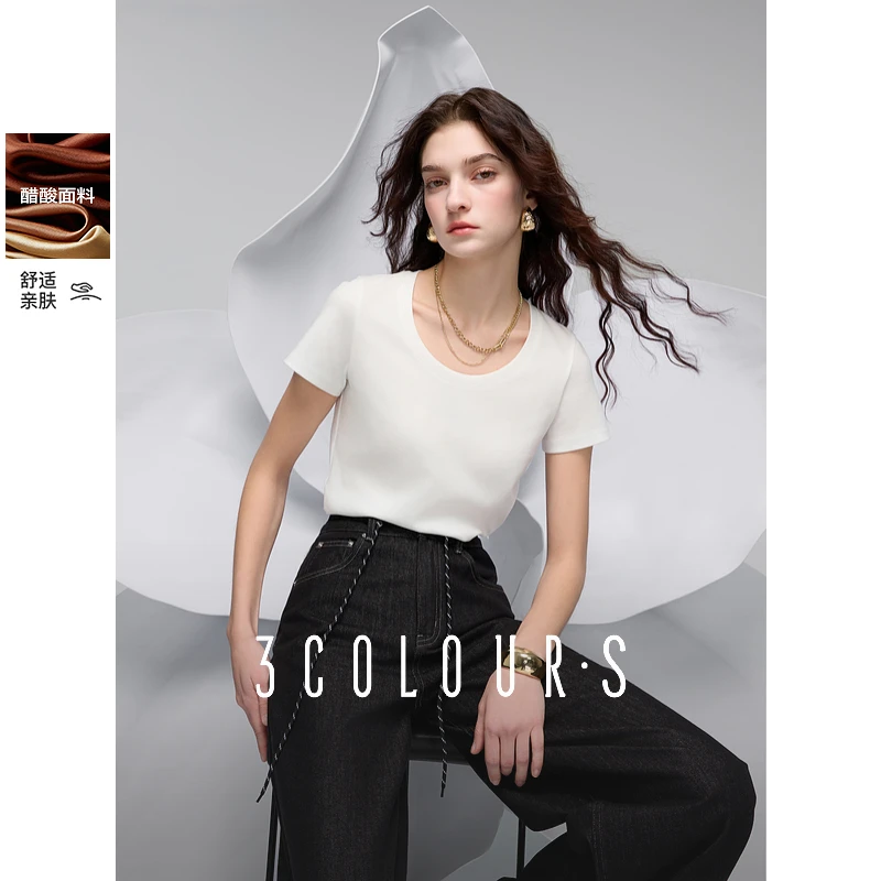 【醋酸天丝T恤】三彩2025春季新款基础白色U领正肩短袖显瘦女S