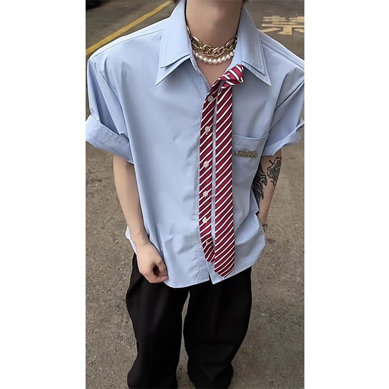 美式复古双层领boxy短袖衬衫男夏季领带设计感衬衣高级感痞帅半袖