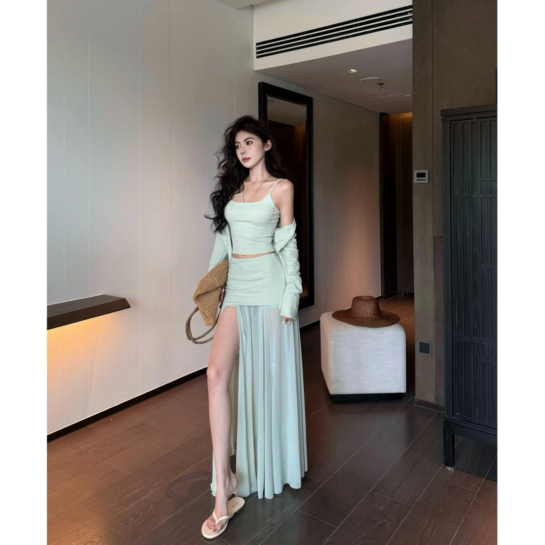 纯欲甜辣妹修身显瘦性感吊带女2025夏季新款开衫裙摆短裙裤两件套