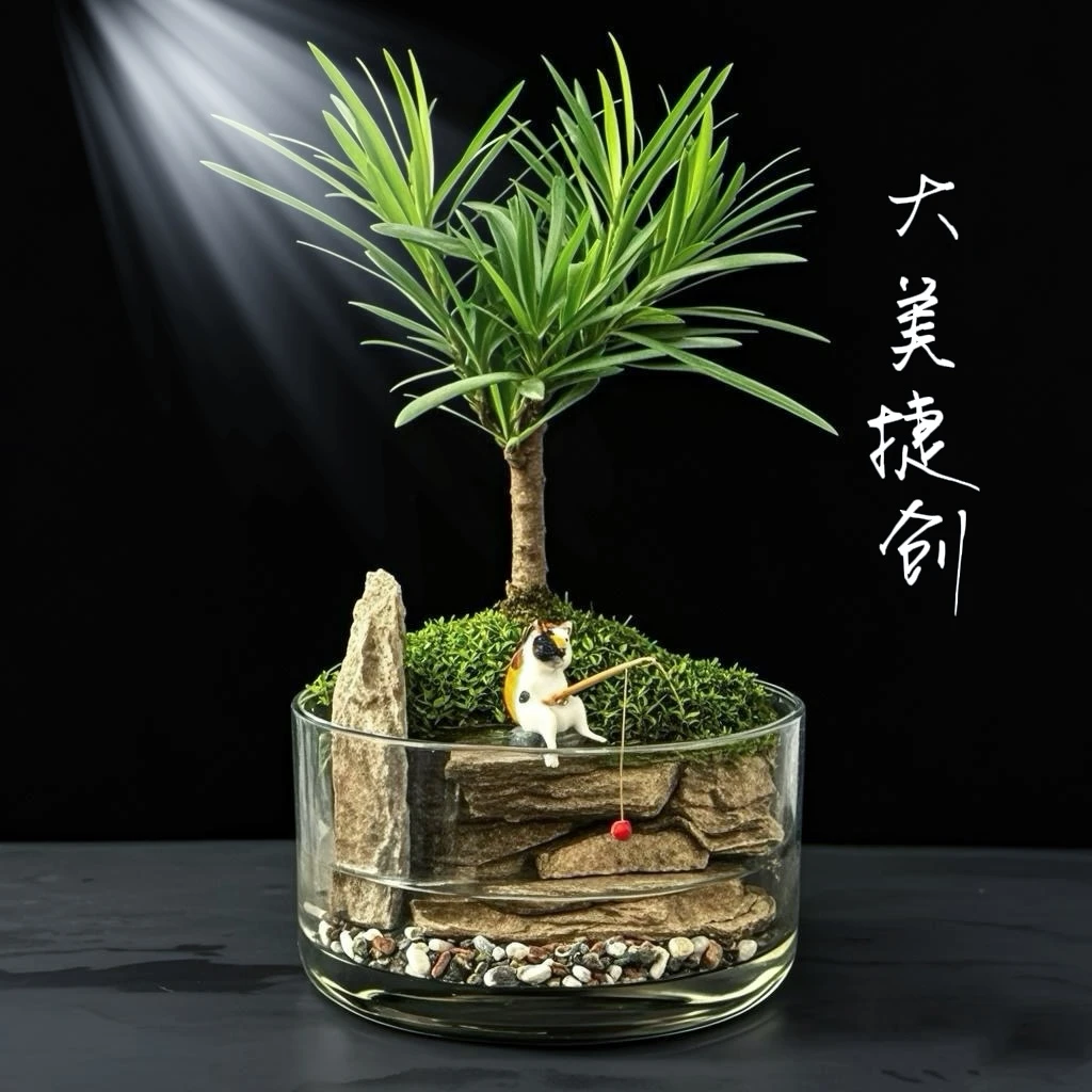 【雅趣】新疆包邮-尺寸15cmx8cm圆缸罗汉松青龙石中式趣味生态鱼缸