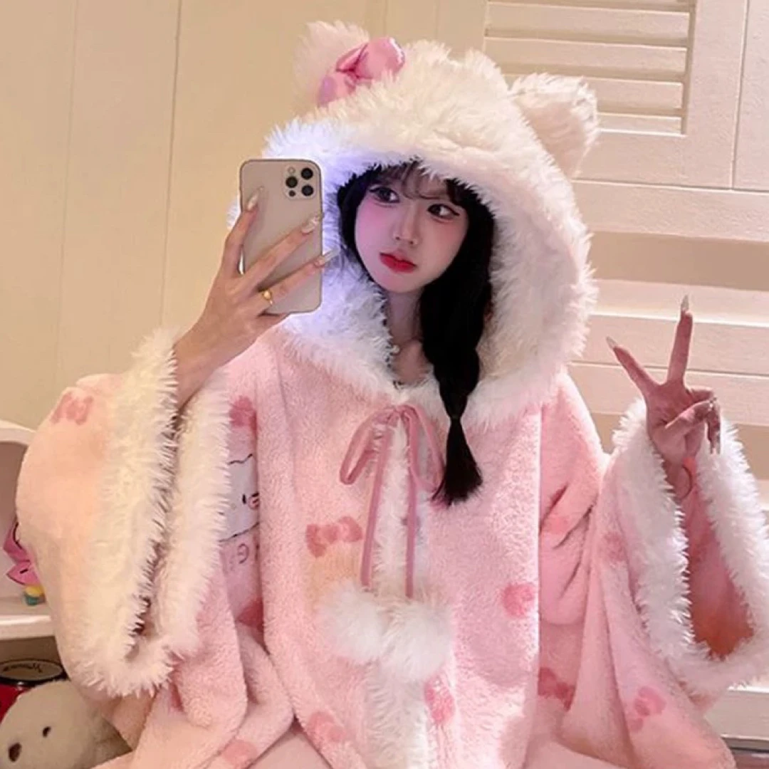 可爱凯蒂猫珊瑚绒睡袍睡衣女秋冬季加绒加厚连帽蝴蝶结长款家居服