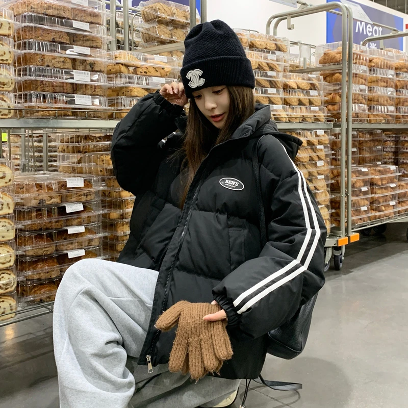 学院风条纹拼接短款棉衣外套女2025冬季新款设计感小众减龄面包服