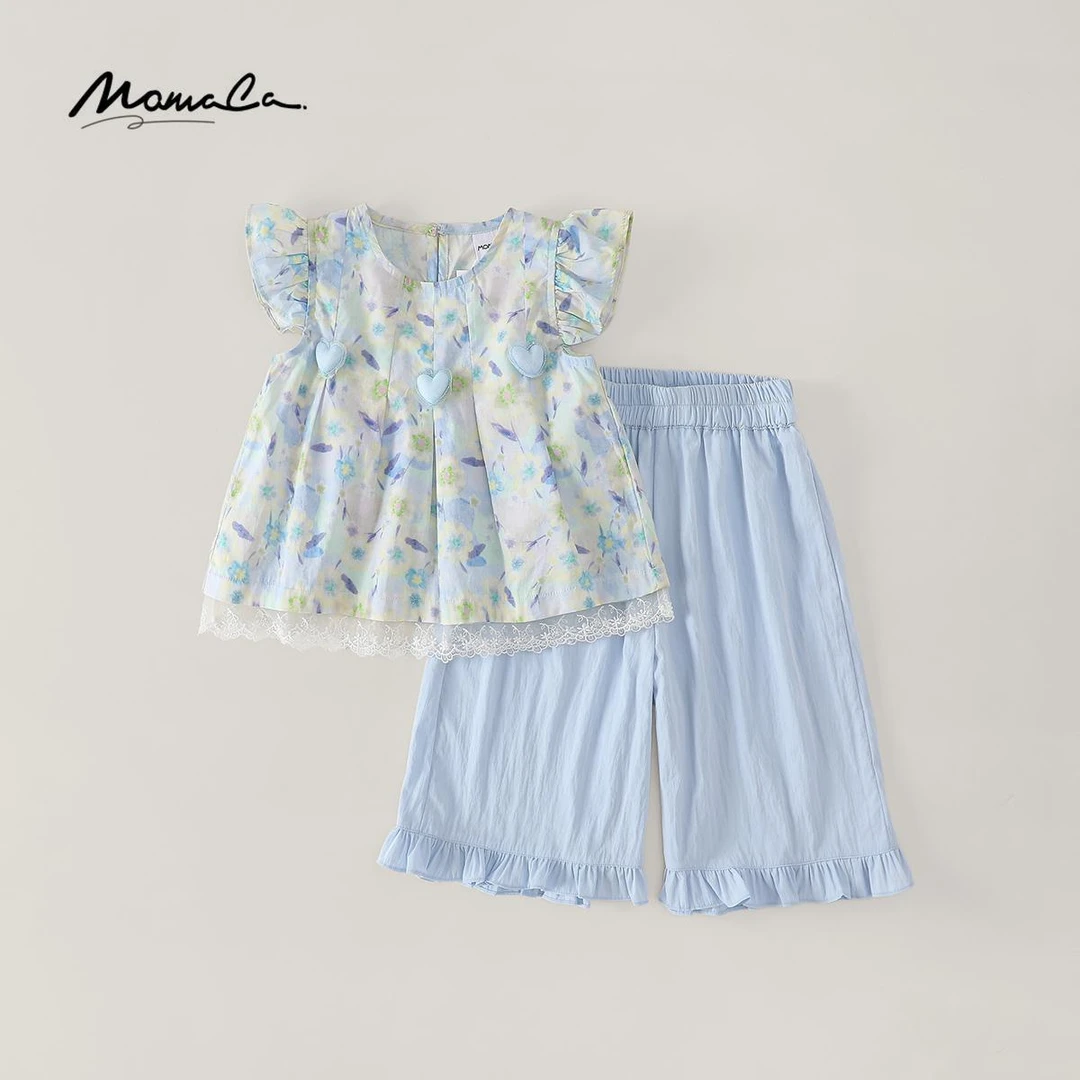 MOMOCO夏季女童印花休闲套装提花碎花复古无袖套装77630578217