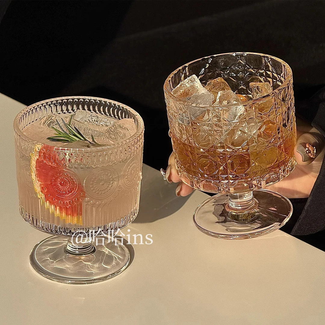复古太阳花浮雕贝利杯高颜值酒杯杯子设计感饮料果汁杯高脚水杯