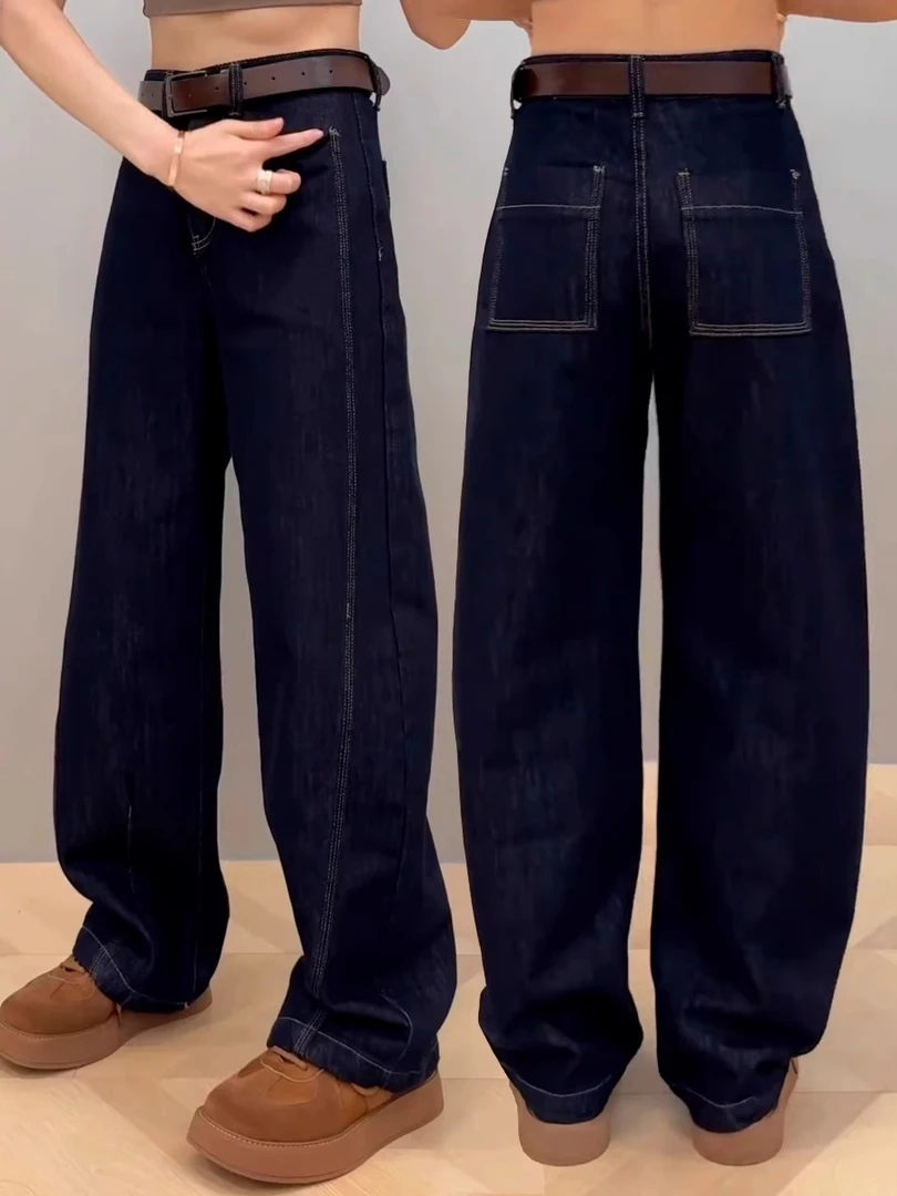 秋季新款大码宽松显瘦洋气阔腿长裤女梨型高腰深蓝弯刀直筒牛仔裤