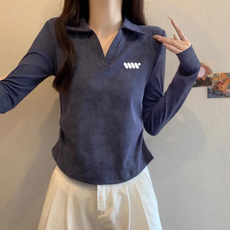 2025新款春秋季美式扎染POLO领长袖t恤女修身显瘦正肩打底衫上衣