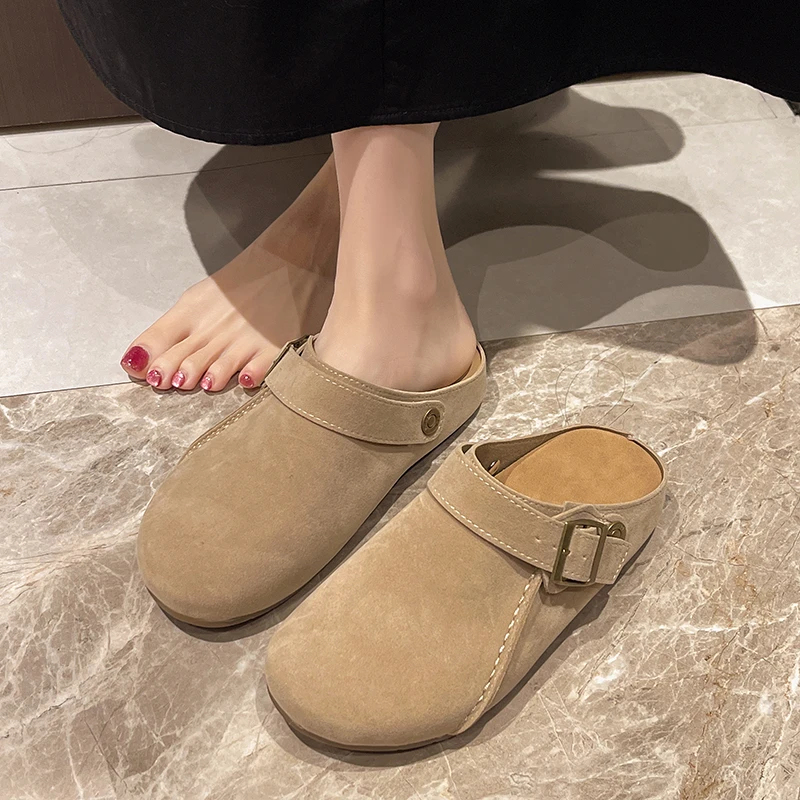 时尚复古一脚蹬包头半拖鞋女2025年春秋新款磨砂皮超火舒适勃肯鞋