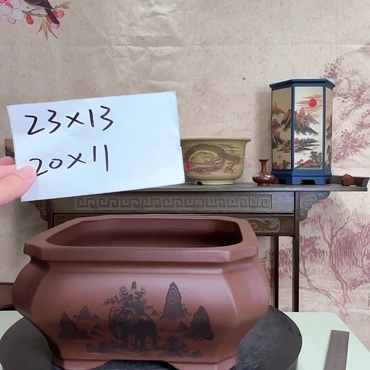 紫砂花盆大象刻绘