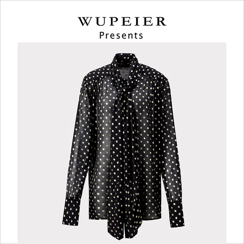 系带黑色波点衬衫女装2025新款早春通勤长袖衬衣
