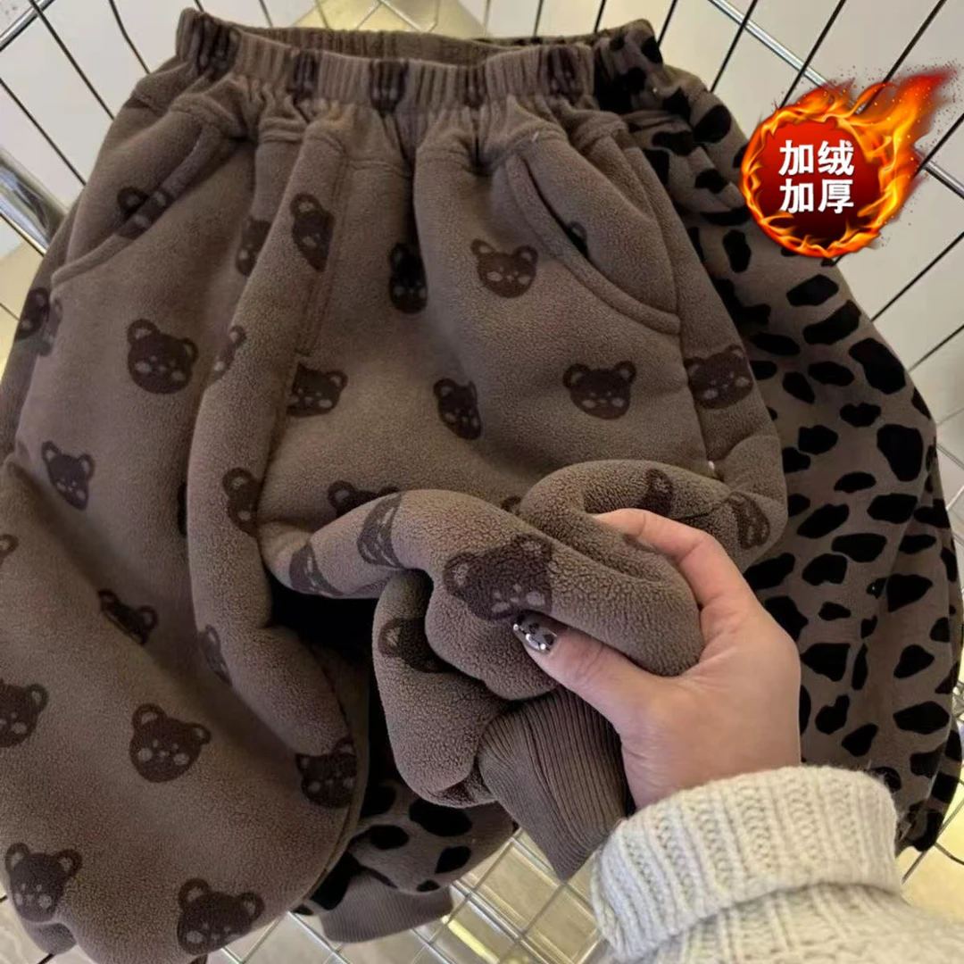 儿童加绒加厚裤子奥利绒秋冬男女童运动裤儿童童装保暖哈伦裤潮