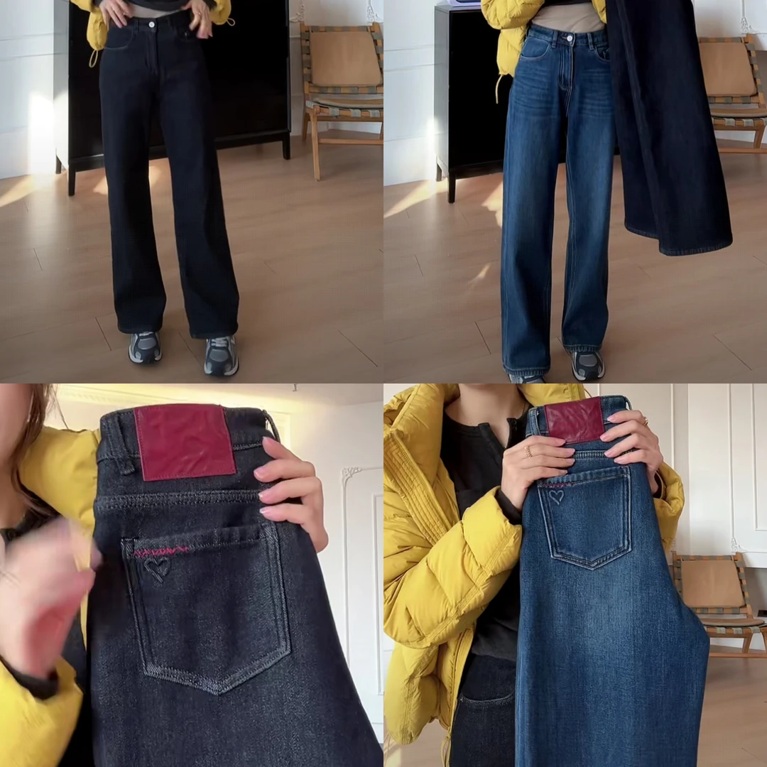 【YHH】冬季时尚休闲百搭显瘦加绒保暖直筒牛仔长裤-YHK50444