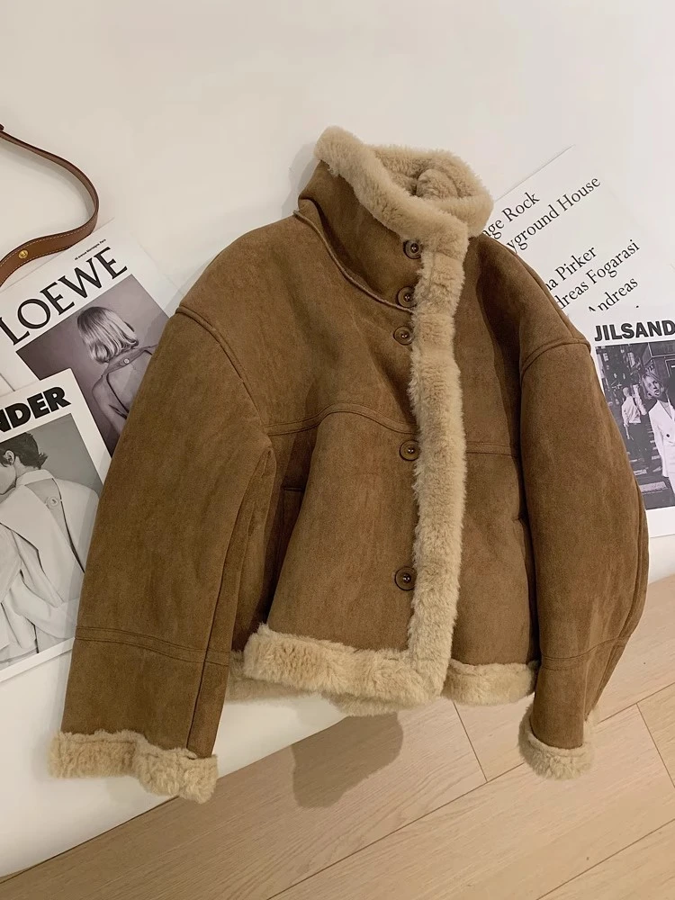冬季美拉德风机车服立领超好看保暖宽松羊羔毛短外套洋气百搭上衣