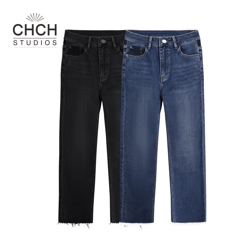 RAQCK12465冬季新款明线口袋蓝色小脚牛仔裤加绒女装