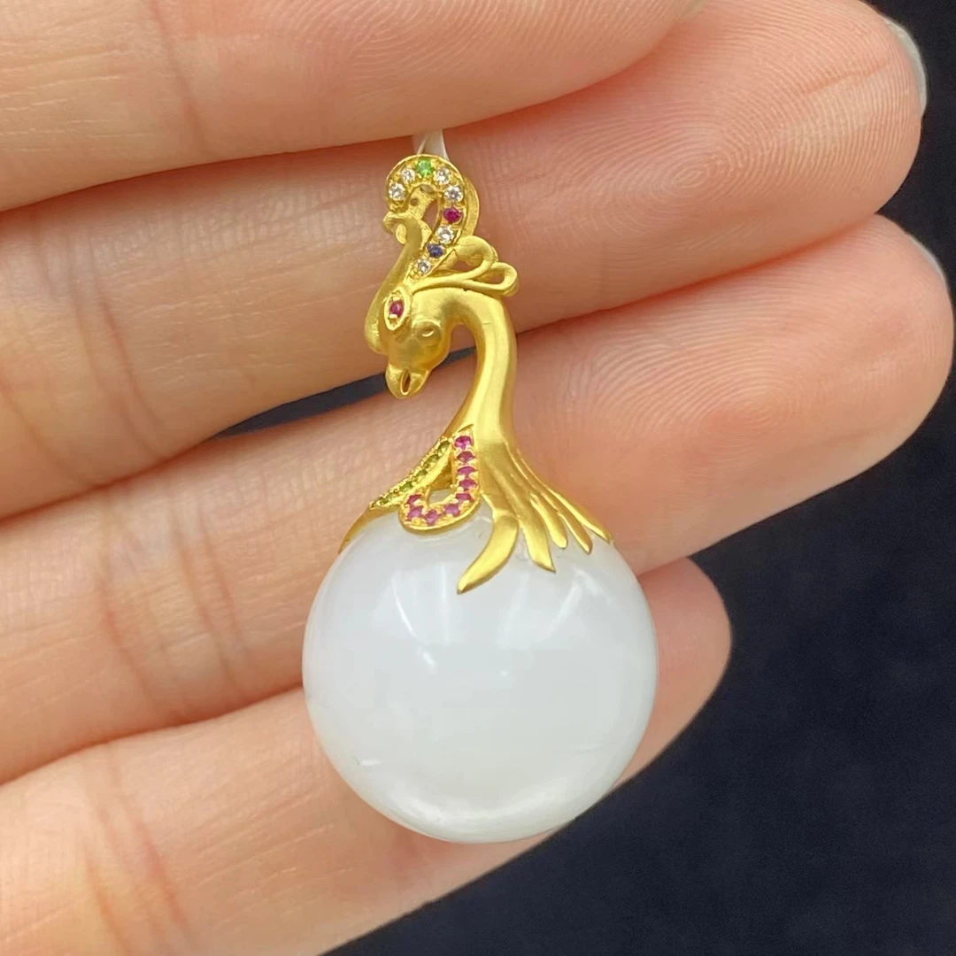 【鹿鸣】18k白玉龙珠18mm 吊坠 配绳 LM09