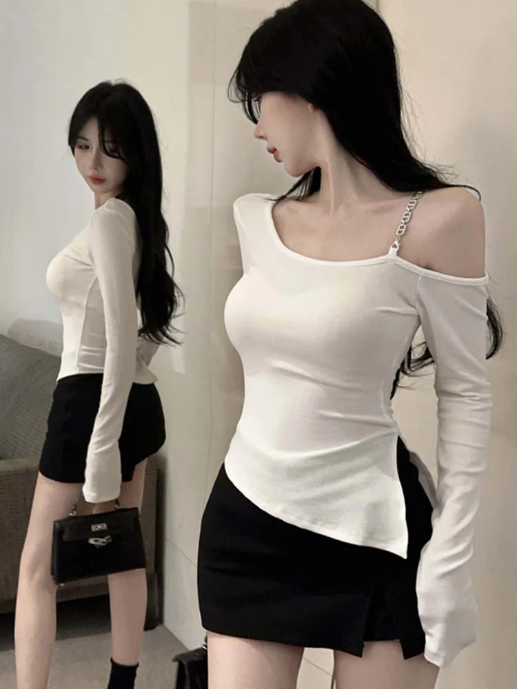 纯欲辣妹露肩长袖T恤女修身打底衫内搭斜肩不规则设计感开叉上衣