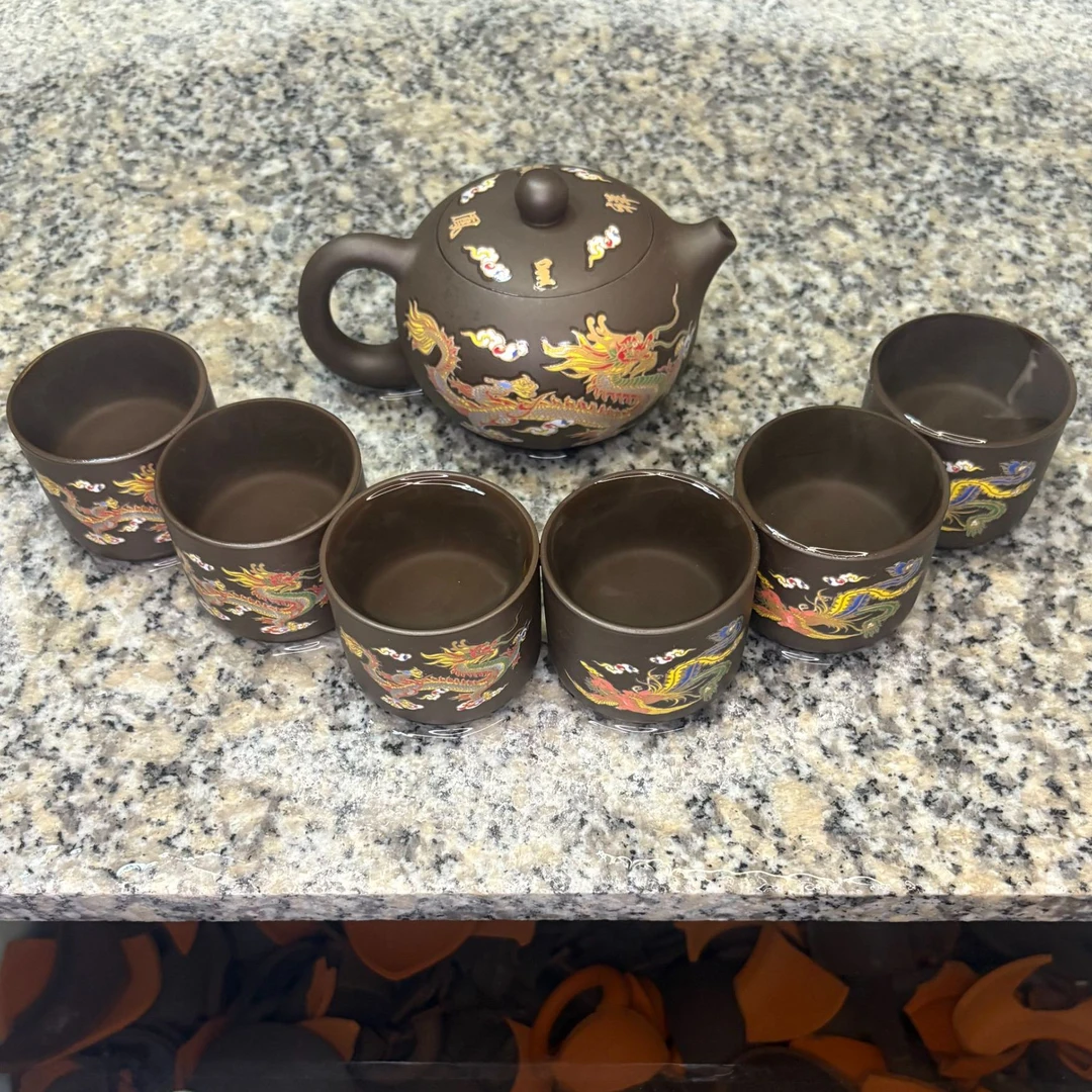 龙凤呈祥西施壶 一壶六杯龙凤杯 带壶绳