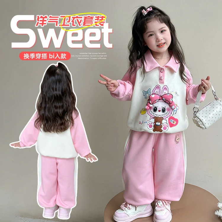 女童春秋新款套装卡通可爱立体蝴蝶结拉布布拼色卫衣卫裤两件套