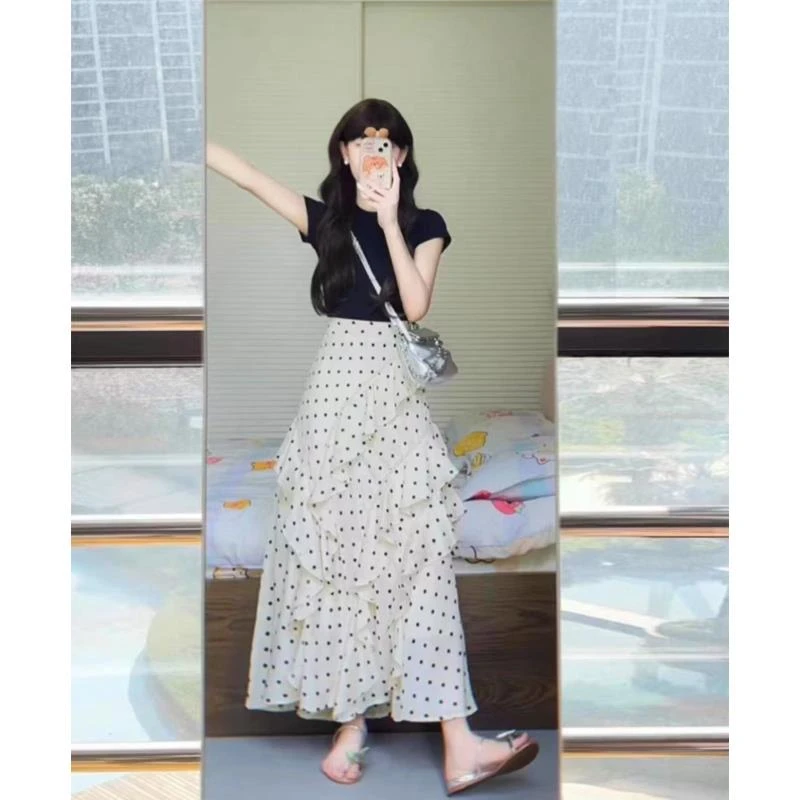 大码夏季通勤复古森系法式时尚套装波点连衣裙气质减龄-FY006