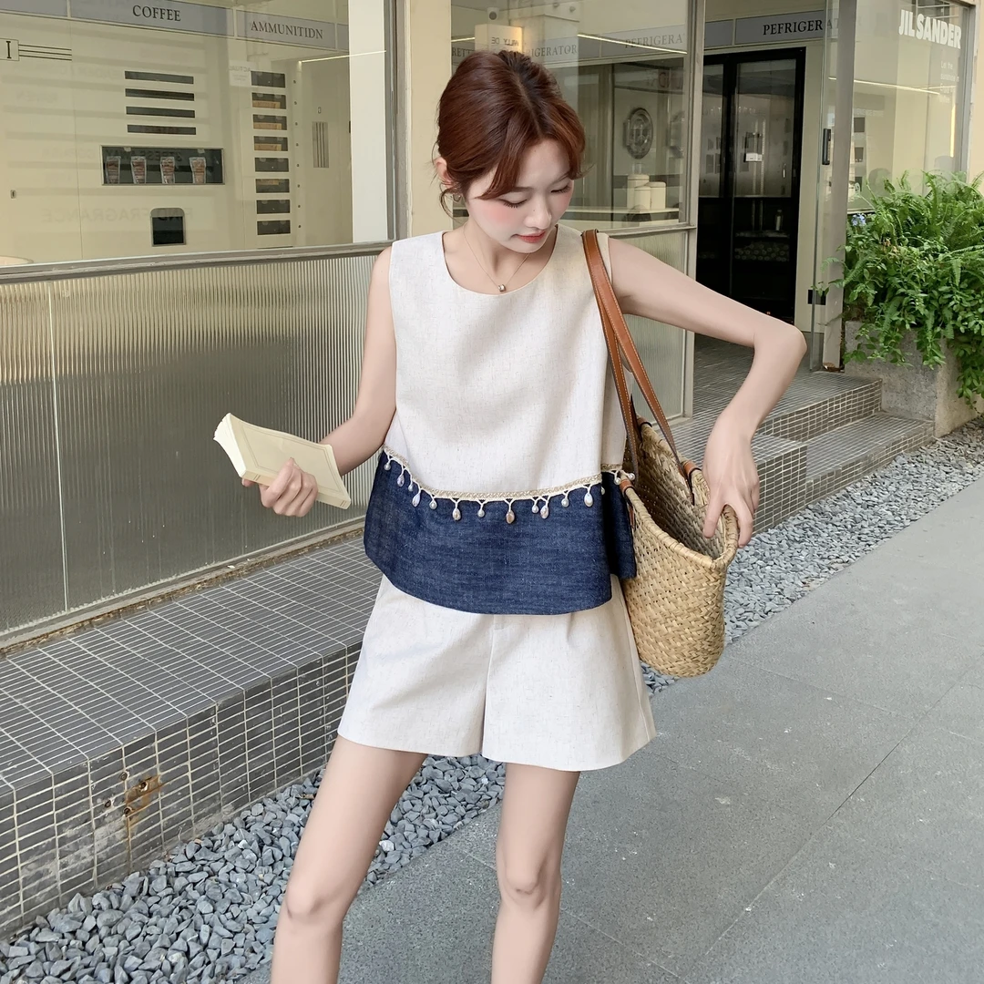 撞色拼接流苏圆领马甲套装女度假风无袖上衣A字短裤两件套高级感