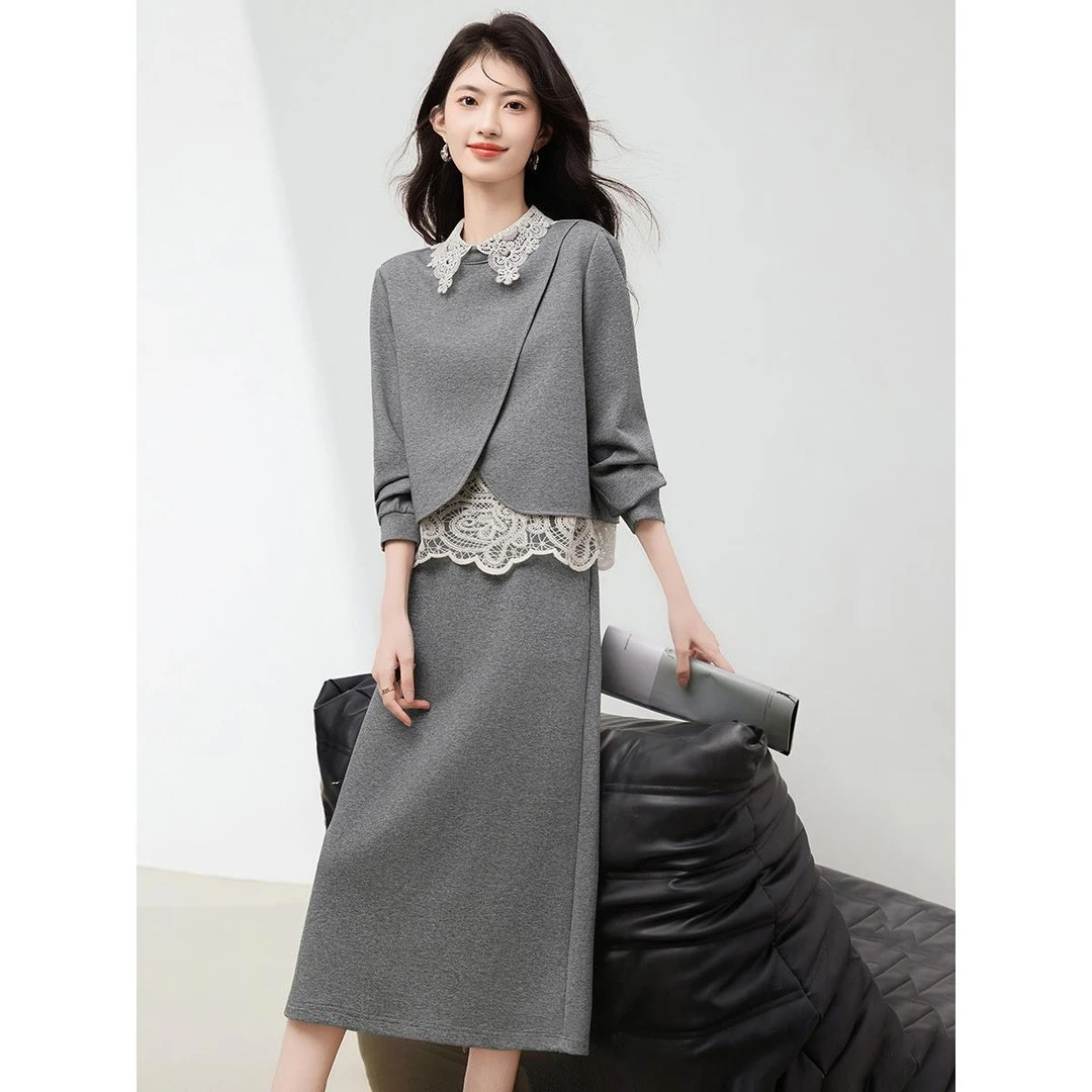 时尚气质名媛套装裙女秋冬季新款假两件蕾丝卫衣上衣半身裙两件套