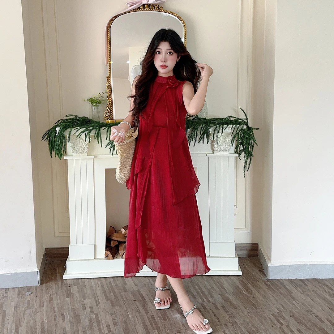 韩系高级感大红色御姐连衣裙子女小个子夏季薄款透视背心裙潮长裙