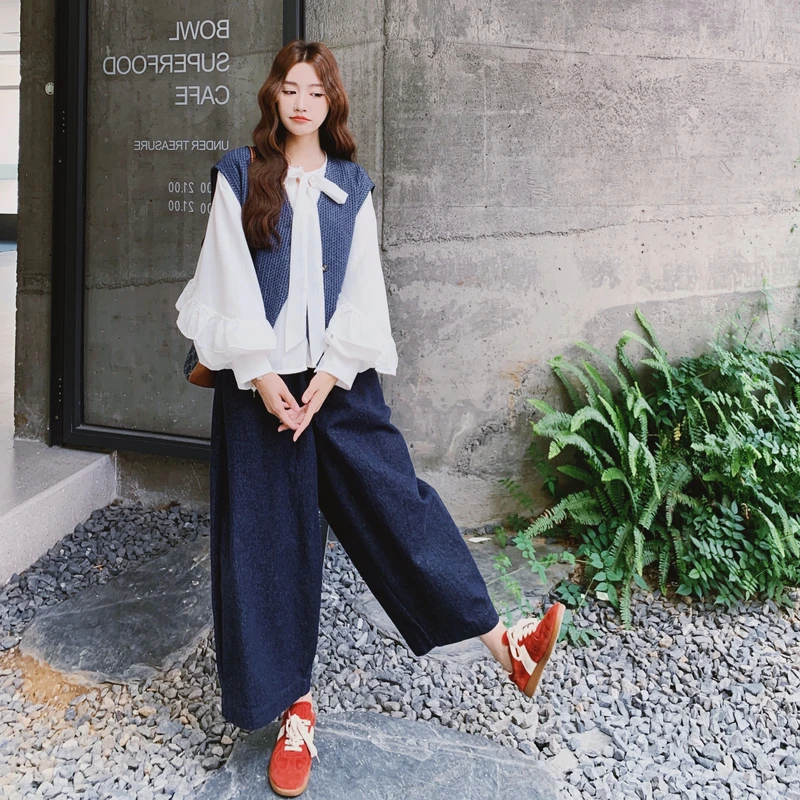 甜美衬衫牛仔马甲阔腿裤套装女2025秋季新款俏皮活泼巨好看三件套
