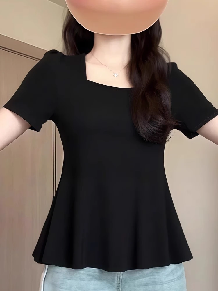 大码休闲方领短袖t恤女2025新款夏季胖MM遮肚子显瘦黑色上衣正肩