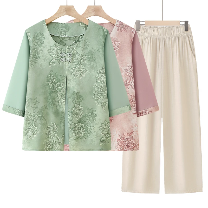 奶奶夏装假两件衬衣中老年人女衬衫妈妈夏季洋气T恤上衣老人衣服