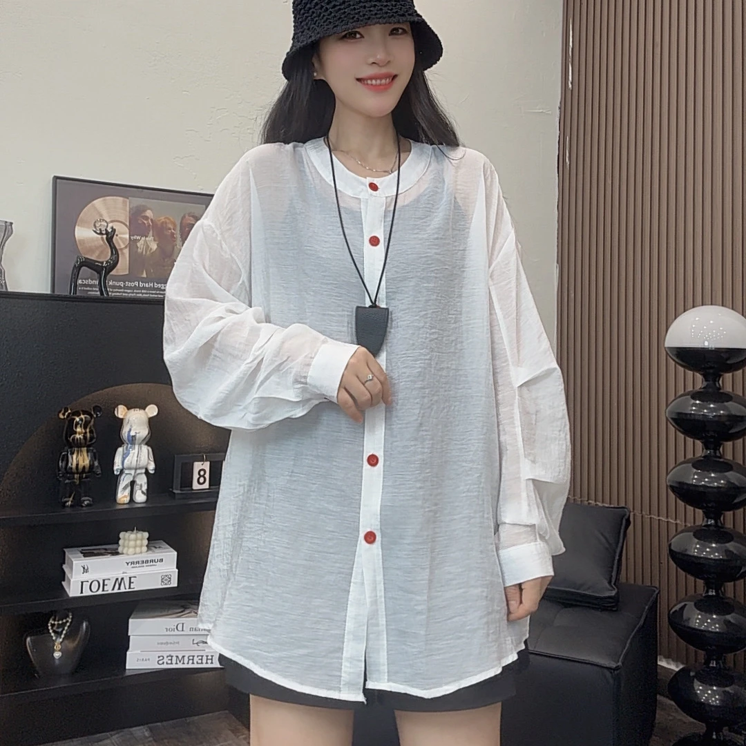 968薄款长袖不起球套头衬衫衬衣设计感拼接韩版夏季宽松休闲时尚
