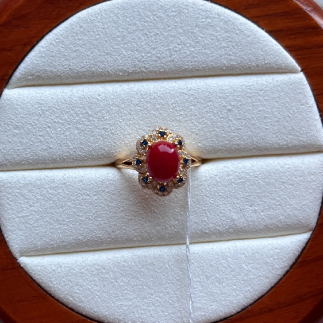 天然红珊瑚阿卡深牛血银戒指