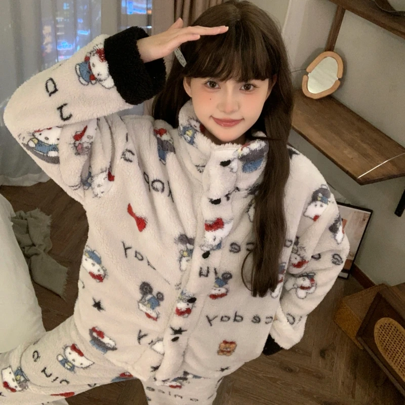 保暖高领睡衣女款秋冬季卡通KT猫加厚加绒珊瑚绒长袖家居服可外穿