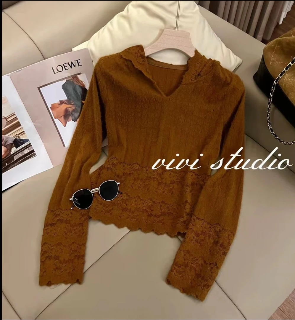 2025新款百搭气质拼接蕾丝连帽长袖上衣➕休闲高腰七分裤