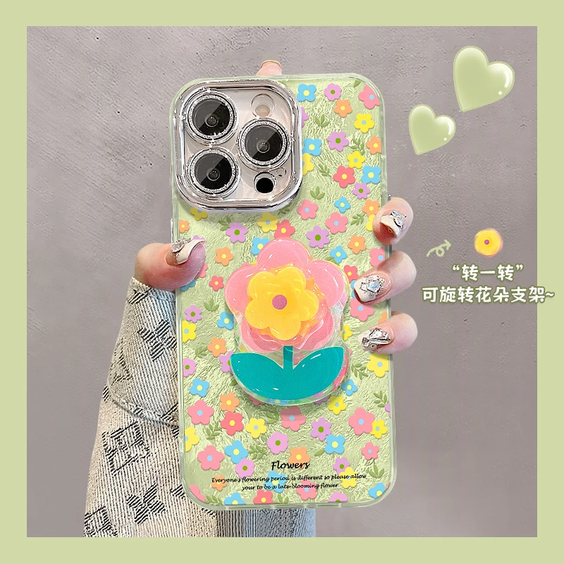 花朵支架适用苹果15华为vivo/oppo小米iPhone16精孔冰川纹手机壳