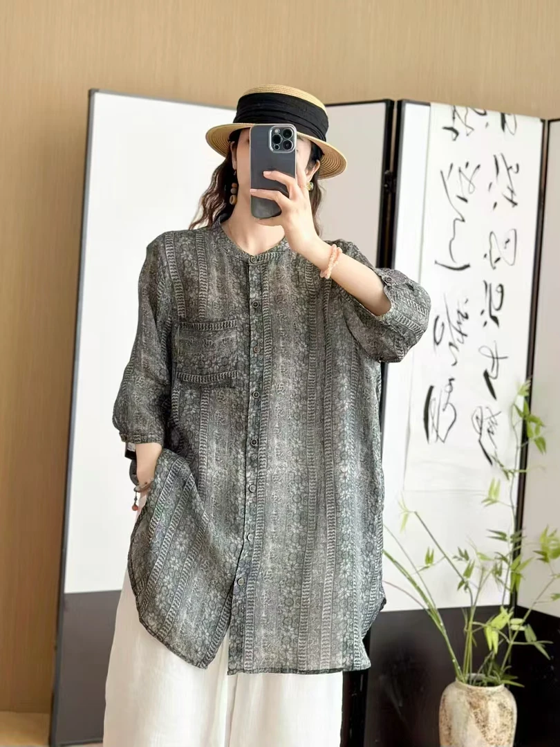 显瘦文艺中长款春夏气质休闲衬衣外套圆领常规百搭中国风衬衫