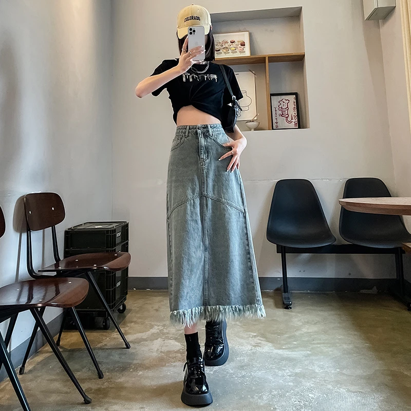 7725#复古毛边流苏牛仔半身裙2025年夏季新款开叉高腰显瘦A字裙